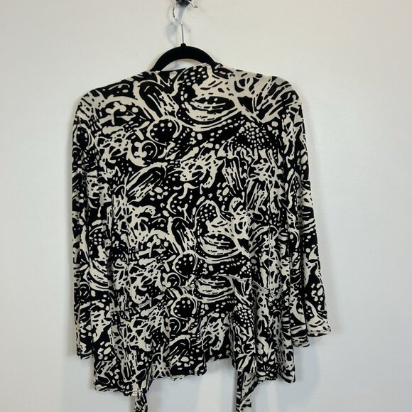 Chico's Travelers Size 2 Large tie Front Slinky Cardigan Top Black white Stretch - Picture 7 of 8